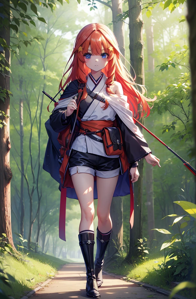 itsukinakano, itsuki nakano, bangs, blue eyes, Hair between the eyes, Redhead, star \(symbol\), hair ornaments, star hair ornaments,Long Hair,Carrying an archery bag,He has a quiver on one side, boots, Cape,gloves, red Knee socks, High heels, Shorts, Knee socks,whole bodyがイラストの中に入っていくように,歩いている
break outdoors, forest,forest林, break looking at viewer,whole body, 
break (masterpiece:1.2), Highest quality, High resolution, unity 8k wallpaper, (shape:0.8), (Fine and beautiful eyes:1.6), Highly detailed face, Perfect lighting, Highly detailed CG, (Perfect hands, Perfect Anatomy),