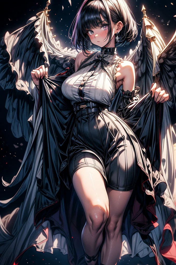 beautiful young anime girl, , oval face, slender and toned hourglass body shape, sharp and noble facial features, arrogant and disdainful expression, classy opulent bedroom, sleeveless gothic white ruffled blouse, gothic pleated A-line mini-skirt flaring out behind her, tanned white skin, plump cherry pink lips, thin eyebrows, big round violet-colored eyes, sleek short sleek dark-violet hair with American Pixie cut and small bangs covering her forehead, narrow waist, small wide curvy hips protruding to large perky round ass, sandals, modest C-cup breast size, tall 175cm, full body image, standing straight, looking at camera, hip level shot, huge European castle background, best quality