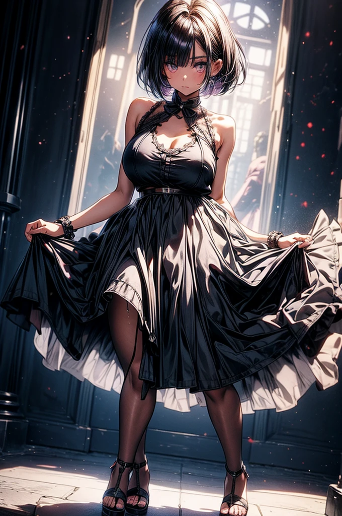beautiful young anime girl, 16 years old, oval face, slender and toned hourglass body shape, sharp and noble facial features, arrogant and disdainful expression, classy opulent bedroom, sleeveless gothic white ruffled blouse, gothic pleated A-line mini-skirt flaring out behind her, tanned white skin, plump cherry pink lips, thin eyebrows, big round violet-colored eyes, sleek short sleek dark-violet hair with American Pixie cut and small bangs covering her forehead, narrow waist, small wide curvy hips protruding to large perky round ass, sandals, modest C-cup breast size, tall 175cm, full body image, standing straight, looking at camera, hip level shot, huge European castle background, best quality