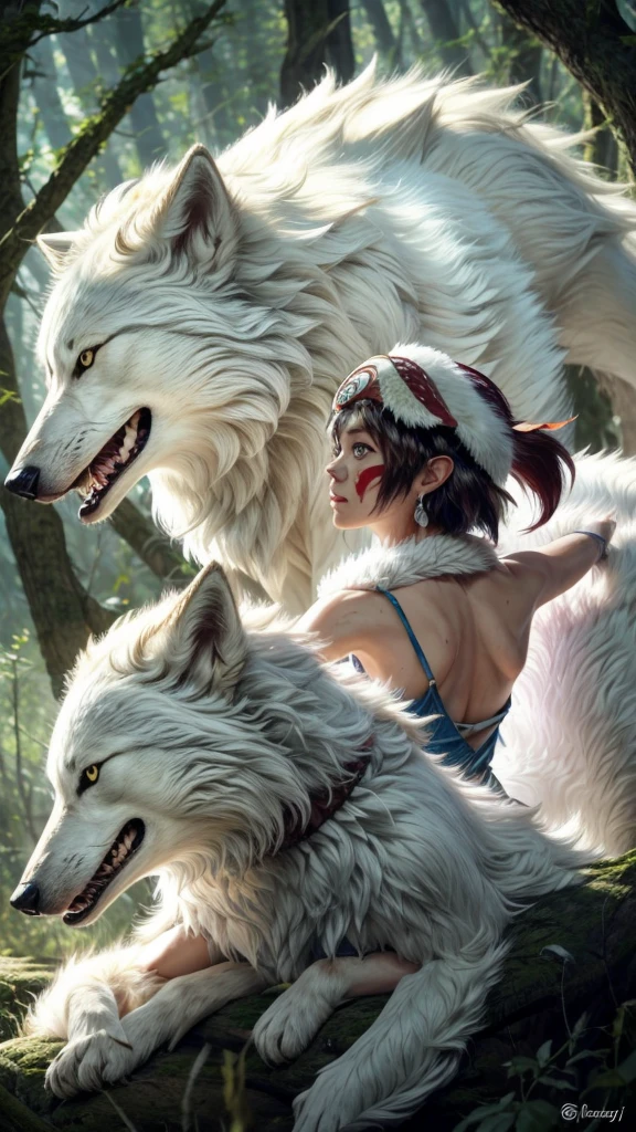 official art, unity 8k wallpaper, Super detailed, beautiful, beautiful, masterpiece, highest quality, Painting of a woman riding a white wolf in the forest, studio ghibly style mononoke, riding a giant silver wolf, artwork in the style of Gweiz, princess mononoke inspired, Gweiz, Gweiz on artstation pixiv, Gweiz on pixiv artstation, mononoke, furry fantasy art