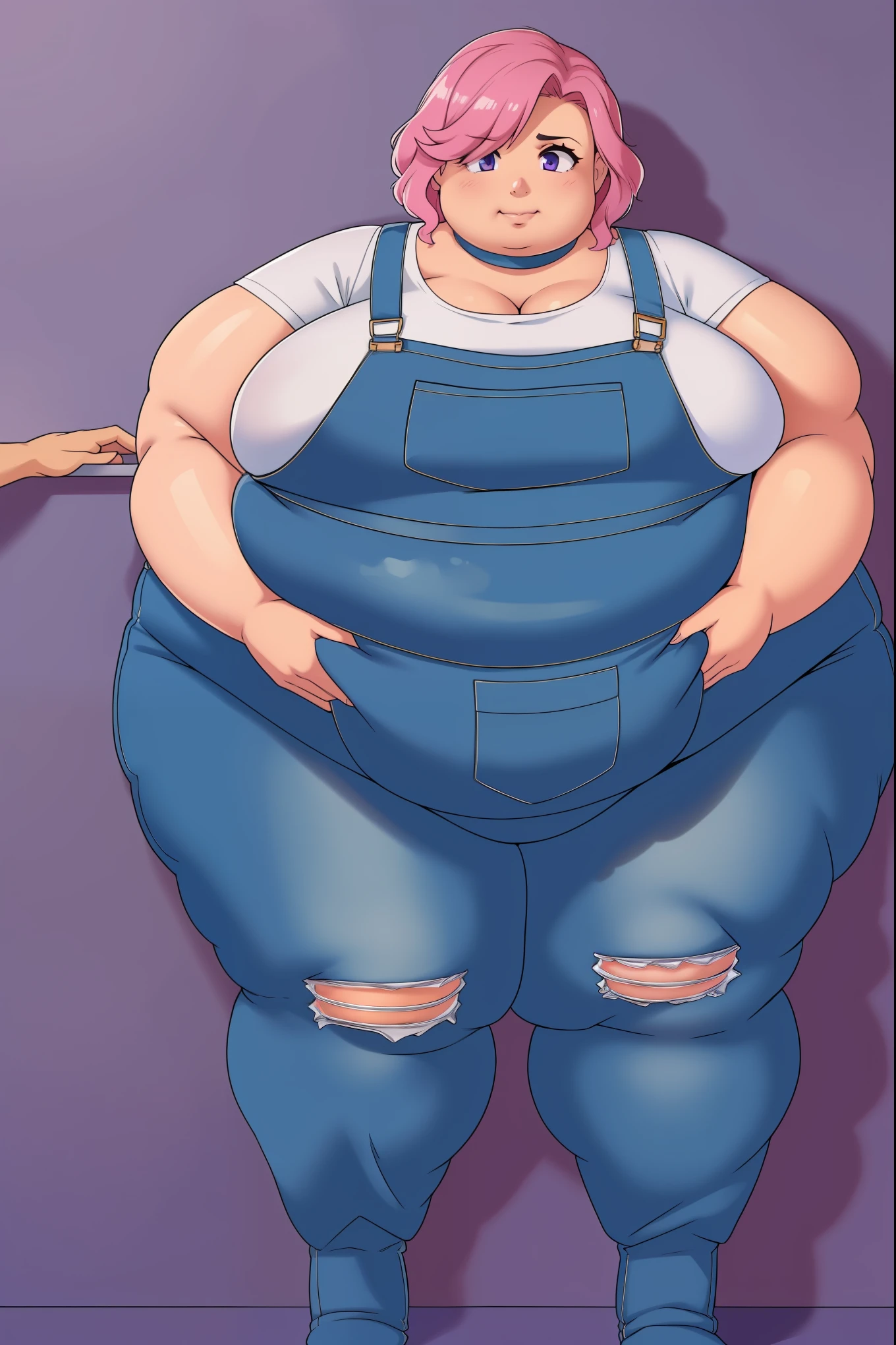 (Morbidly obese body:1.2)(Fat neck and chin:1.3)(Obese:1.1),fat, Slightly chubby, sad, farm backround, Full body, looking at viewer, 1girl, solo, short pink hair, (dark blue choker), (dark blue denim overalls), (purple eyes), (pink boots), (white shoulder lantern sleeve blouse, tucked in pants