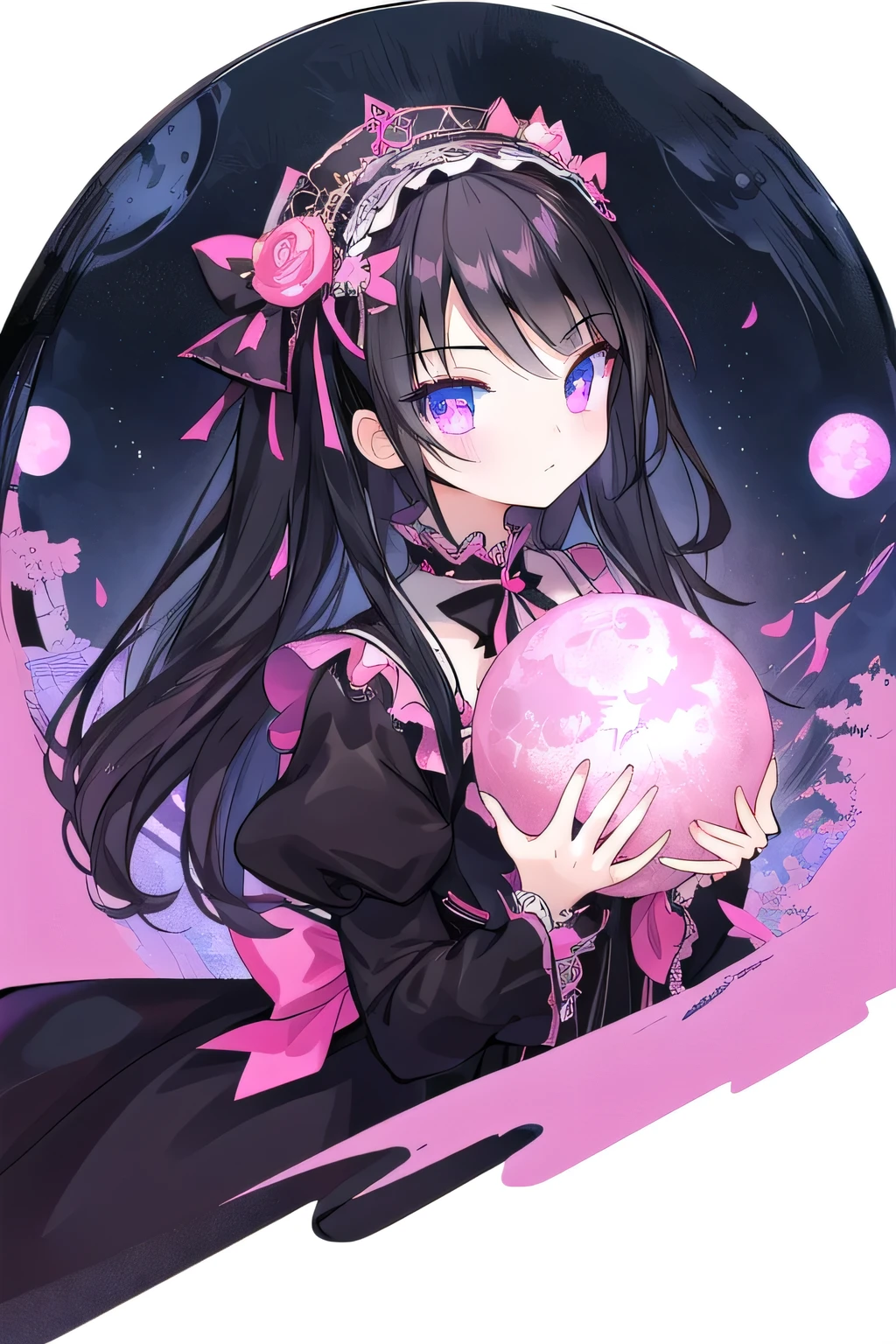 hyper cute girl。Attractive eyes、Beautiful black hair。A black gothic lolita dress with detailed decorations。The background is a pink moon and a pink gradient all over.。Intricate Gothic artwork、Highly detailed digital illustration。Detailed beauty。