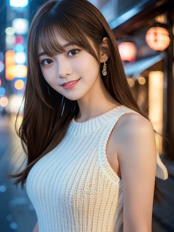 masterpiece、1 beautiful girl、A detailed eye、Puffy eyes、top-quality, 超A high resolution, (Realisticity: 1.4), cinematlic lighting、japanes、Asian Beauty、Super beauty、Beautiful skin、A slender、The body facing forward、(A hyper-realistic)、(hight resolution)、(8K)、(ighly detailed)、(beautifully detailed eyes)、(Ultra-detail)、 (wall-)、A detailed face、Bright lighting、profetional lighting、looking at viewert、Facing straight ahead、(The costume a knitted dress)、Long hair, hair messy, asymmetrical bangs, 、nighttime scene、Brown hair、Japan idle、Korean Idol、hposing Gravure Idol、、age21、tall, smile,