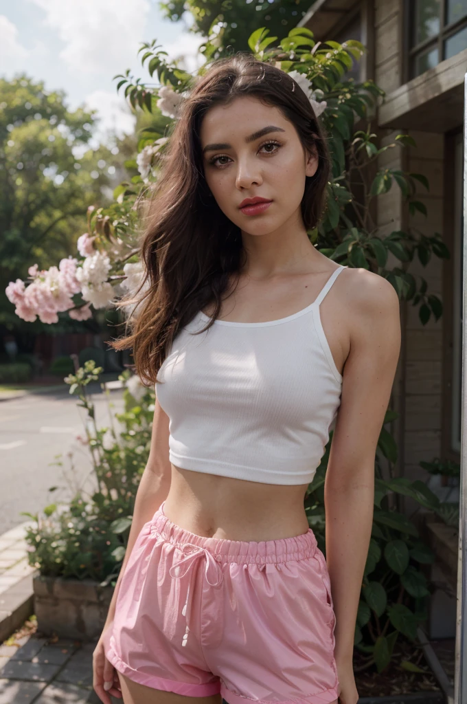 high resolution, work of art, perfect lighting, blossom, cinematic lighting, grown-up, perfect  skin, female, ((gazing at viewer:1.4)), smooth light, Red lips, (eyeliner),realisitic skin,beautiful  face, realisitic, (photorealisitic), dynamic pose, Long shot,  plein-air, wearing pink nylon shorts, white top piece