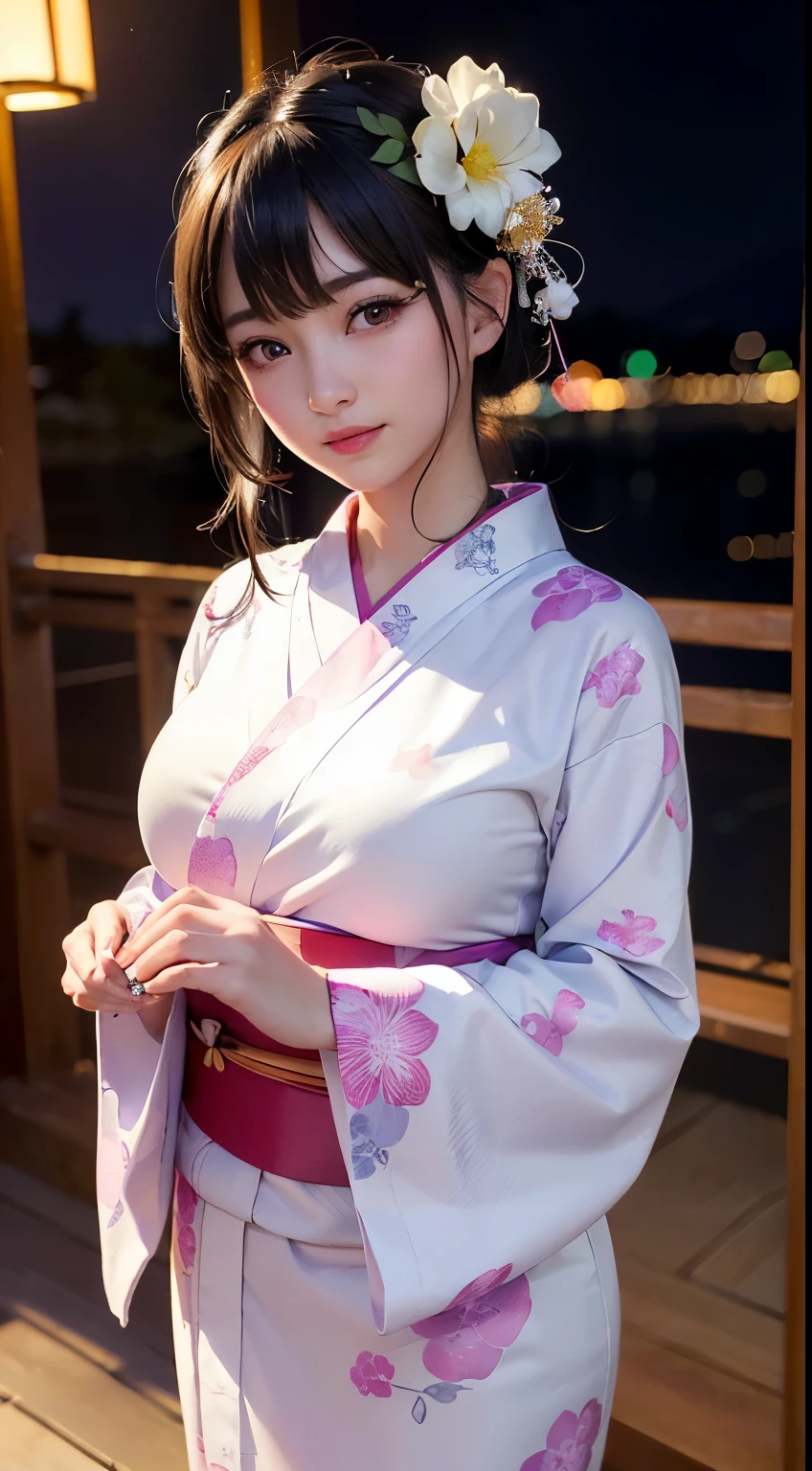 (logo、masterpiece、8K、Tabletop、RAW Photos、wonderful、最high quality、フォトリアリスティックでVery detailedな CG 複合 8K 壁紙、high quality、Very detailed、Narrative poem、Particle Effects、Dynamic Effects、Depth of the Boundary、Cinematic Light、Lens flare、Ray Tracing)、 (One beautiful woman wearing a yukata、White yukata、Light purple pattern)、Black-haired、High definition skin、Very fine、Fine skin texture、Beautiful Face、True Face、Beautiful details in the eyes、Realistic eyes、Beautifully detailed eyes、Realistic Skin、Beautiful Skin、Surreal、Smiling Eyes、Hair and light eyes、vivid、Colorful lights and bokeh、plump lower lip、Pink Lips、Hair flutters in Wind、Hair bounces、wonderful景色、night、evening、Wind、moonlight、moonlight、light