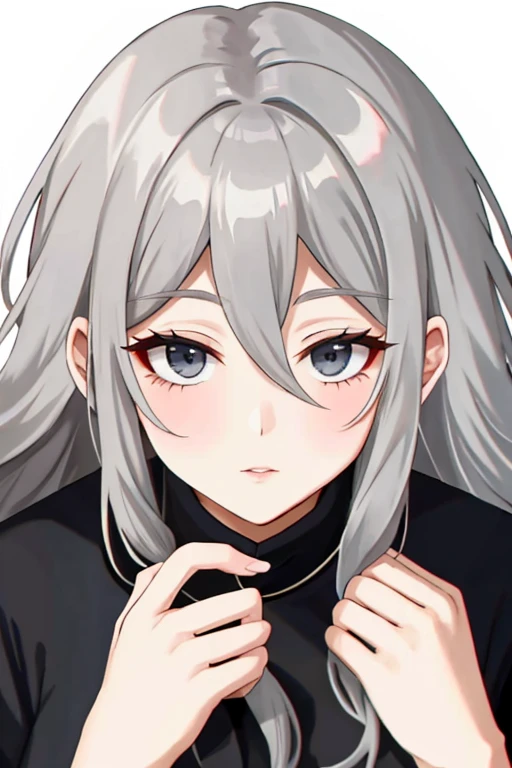 older woman with long grey hair and dark grey eyes