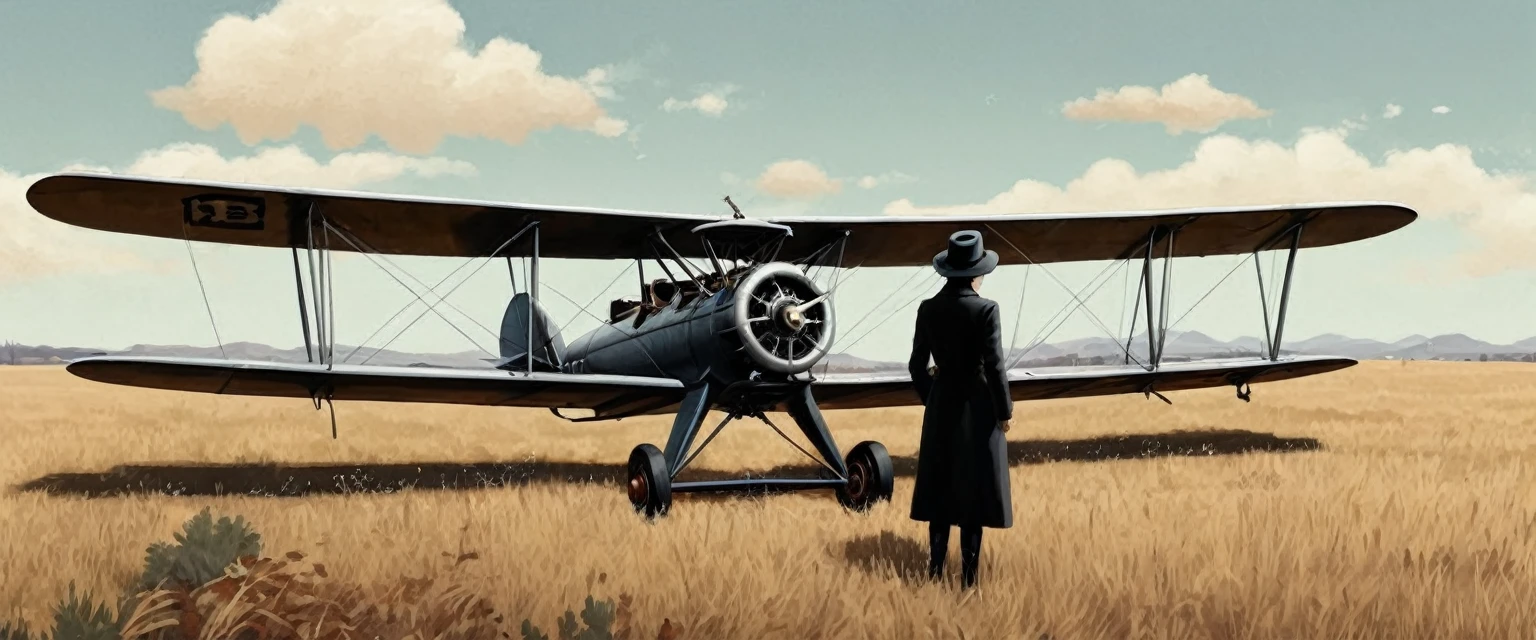 a photo of a man and woman standing next to an old 1920s' bi plane, as illustrated in top cow comics, in the old west, featured on dribbble, kino's journey (2003), mystery and detective themed, valve promotional splash art, the 'american gothic' painting, ( ( large black hat ) ), twisted rays, scythe design, anato finnstark and kelogsloops
