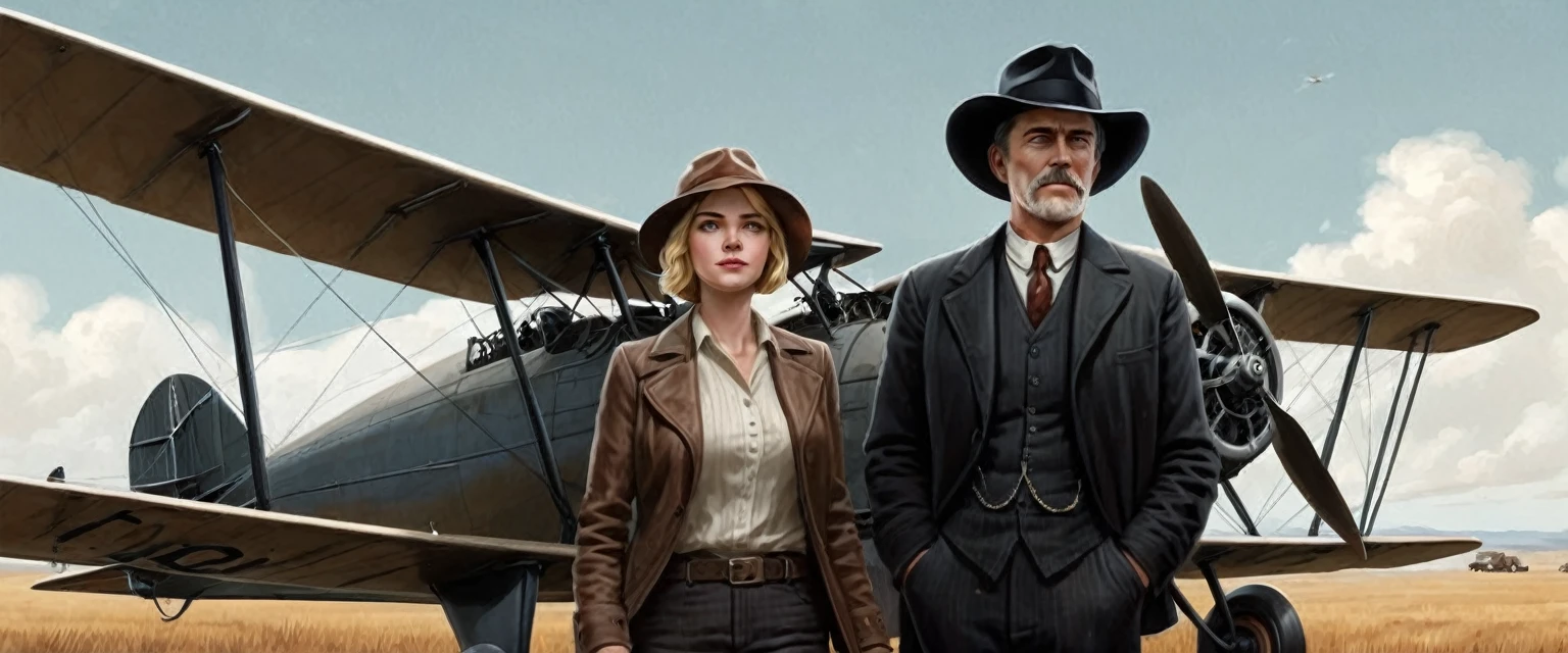 a photo of a man and woman standing next to an old 1920s' bi plane, as illustrated in top cow comics, in the old west, featured on dribbble, kino's journey (2003), mystery and detective themed, valve promotional splash art, the 'american gothic' painting, ( ( large black hat ) ), twisted rays, scythe design, anato finnstark and kelogsloops