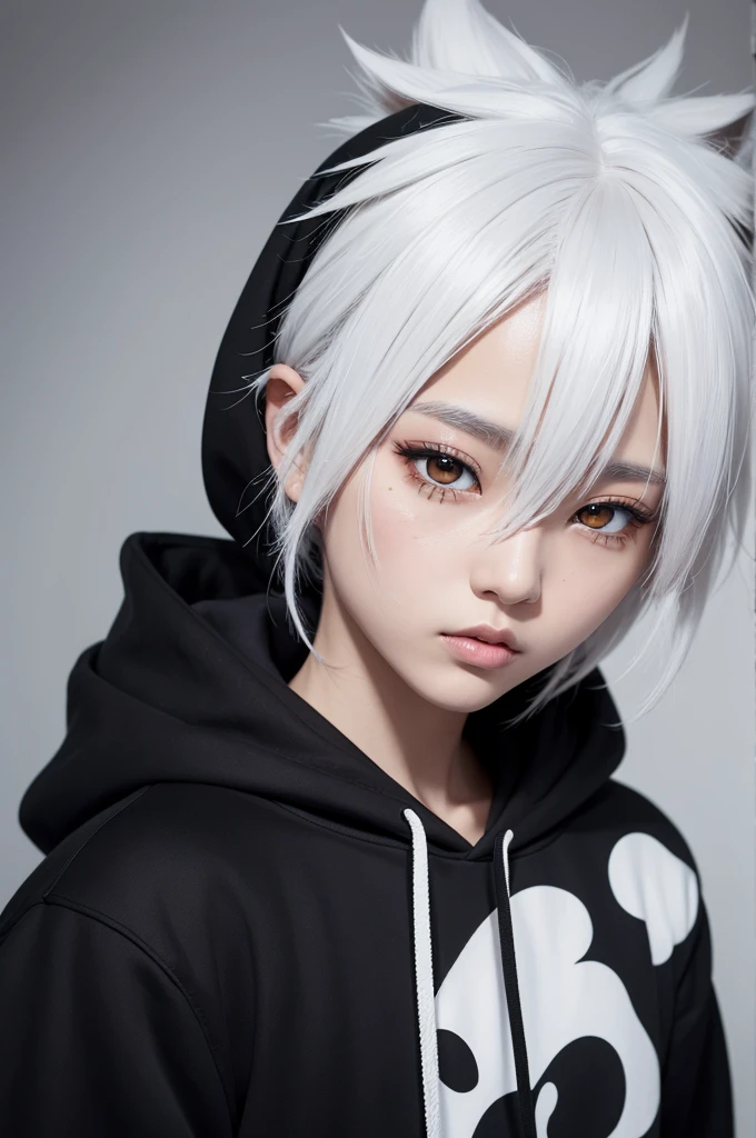 `/imagine An anime-style South Korean character with vitiligo, featuring striking white hair and deep black eyes. They are wearing a black hoodie. The background is simple and neutral to focus on the character. The image should be in high definition, capturing the unique beauty and details of the character's features. Art in 4K quality, with vibrant colors and intricate anime-style details.`