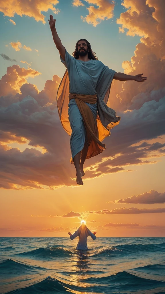 This image depicts a painting of Jesus Christ walking on water with his arms outstretched upwards worshiping heaven. The scene is peaceful, with clouds in the sky combining the colors sky blue and sunset orange and a sense of tranquility. The colors of the painting are mainly earth tones, with warm orange accents.Bird's-eye view:, Nikon D850 camera