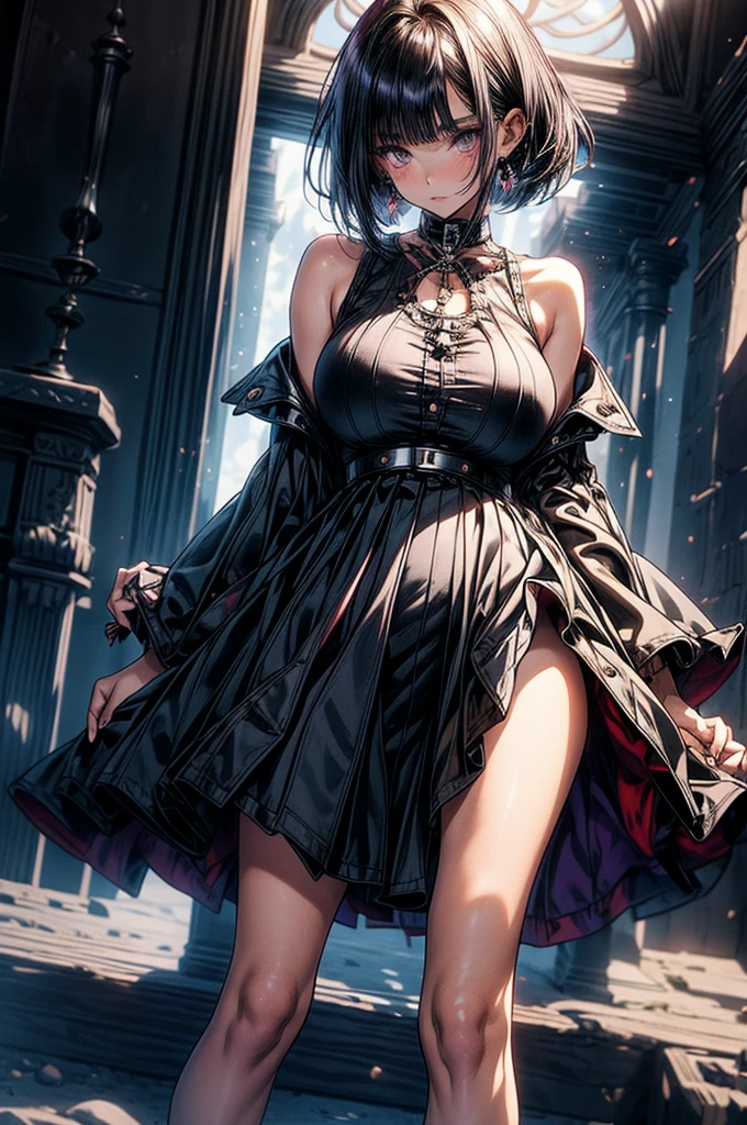 full body, photorealistic, solo, alone, delicate facial features, medium tits, medium hair, black hair, tearful mole, earring, dress, cleavage, street,
