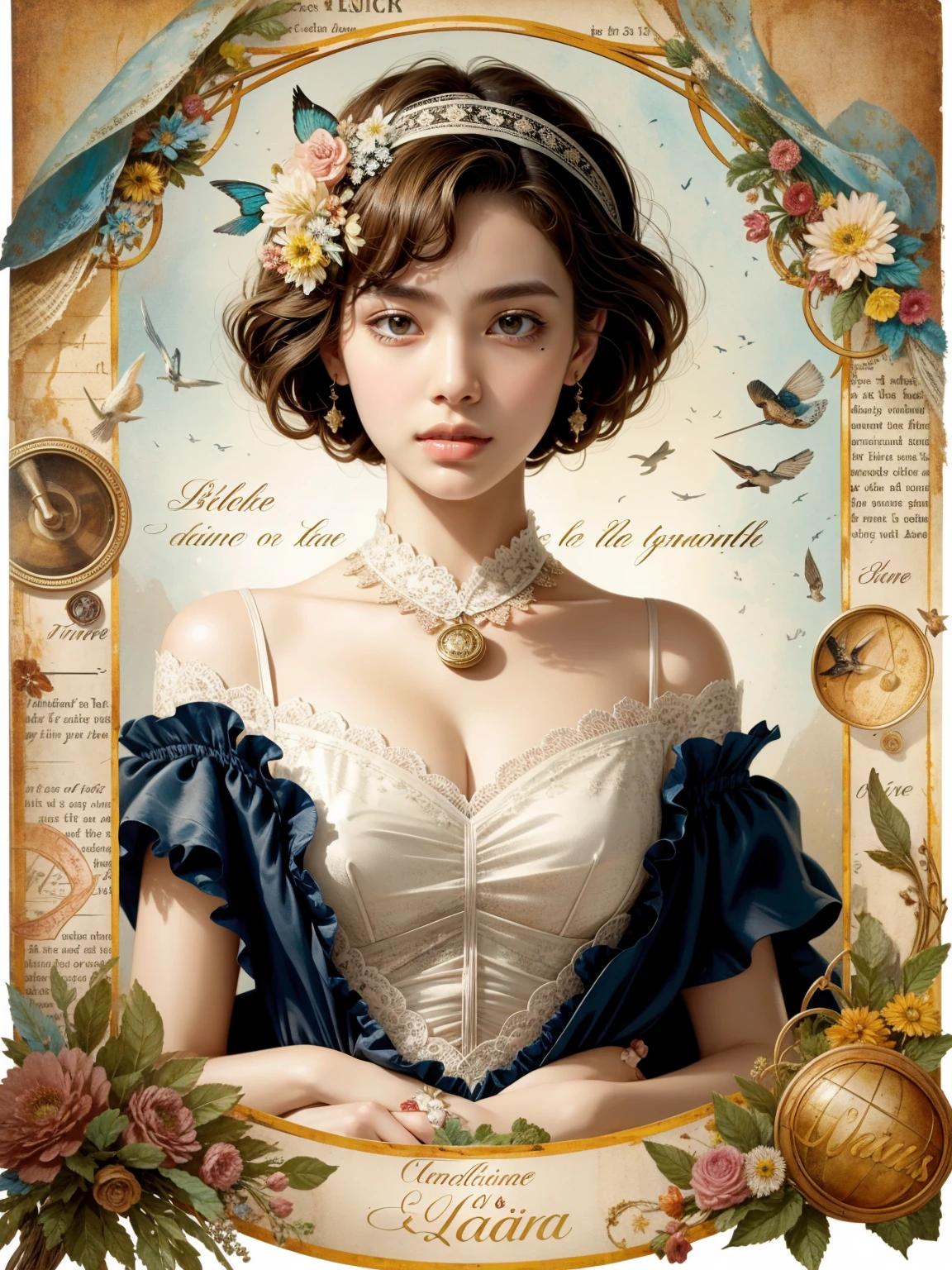 Super detailed alcohol ink painting of gorgeous girl, Made on top of a mixed-media masterpiece patchwork of stress-free vintage script paper, Ephemera, Torn cardboard, Vintage newspaper, Vintage sheet music, Wax Seal, Dress made of paper ruffles and life-size dainty lace, in the style of [Junk Journal, double exposure, Equal to the size of the body, Greg Simkins, Mark Davis, Oliver Jeffers, Andy Kehoe], Cinematic, Stunning, Highly detailed, 8K, dehazed