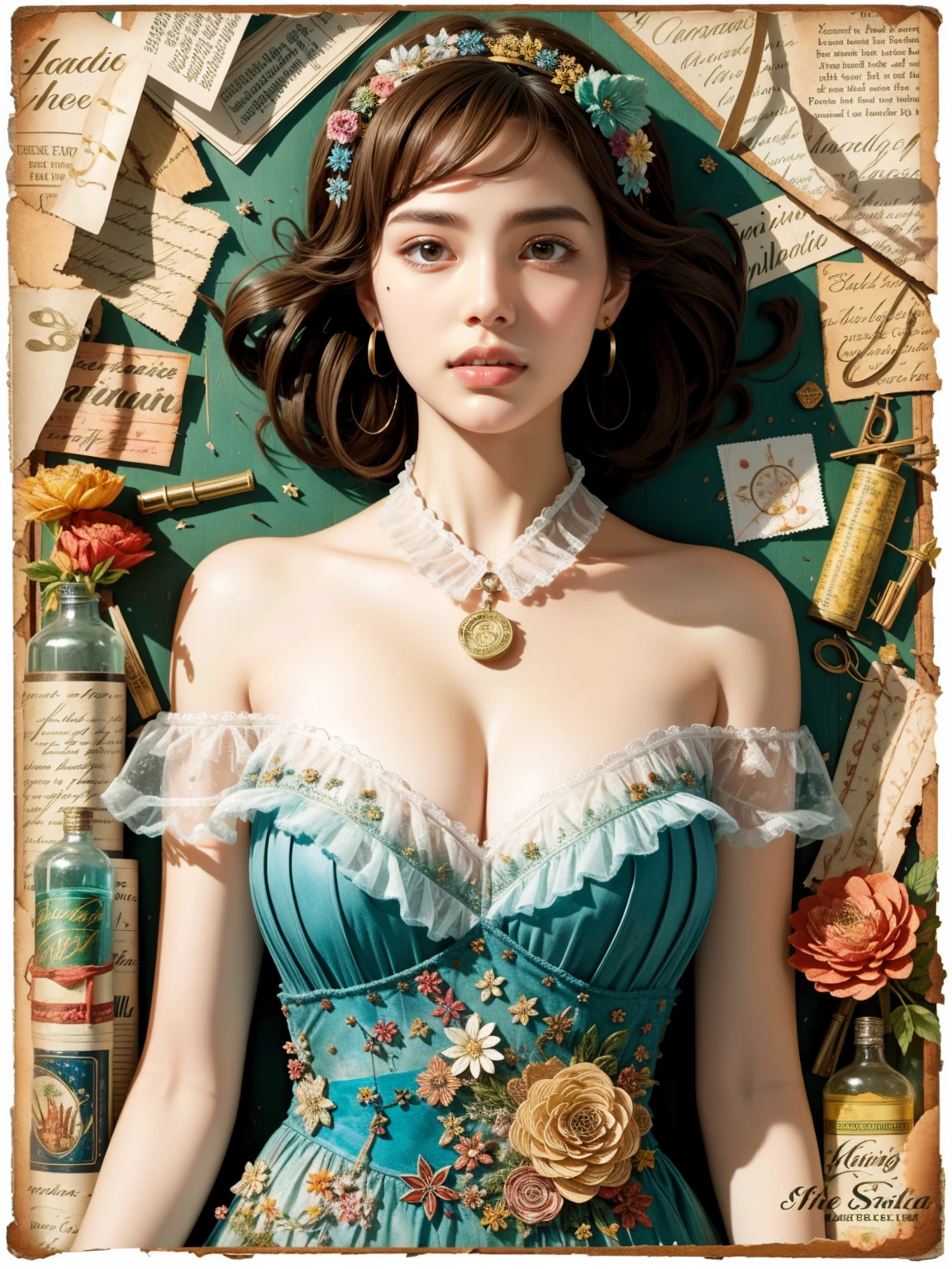 Super detailed alcohol ink painting of gorgeous girl, Made on top of a mixed-media masterpiece patchwork of stress-free vintage script paper, Ephemera, Torn cardboard, Vintage newspaper, Vintage sheet music, Wax Seal, Dress made of paper ruffles and life-size dainty lace, in the style of [Junk Journal, double exposure, Equal to the size of the body, Greg Simkins, Mark Davis, Oliver Jeffers, Andy Kehoe], Cinematic, Stunning, Highly detailed, 8K, dehazed