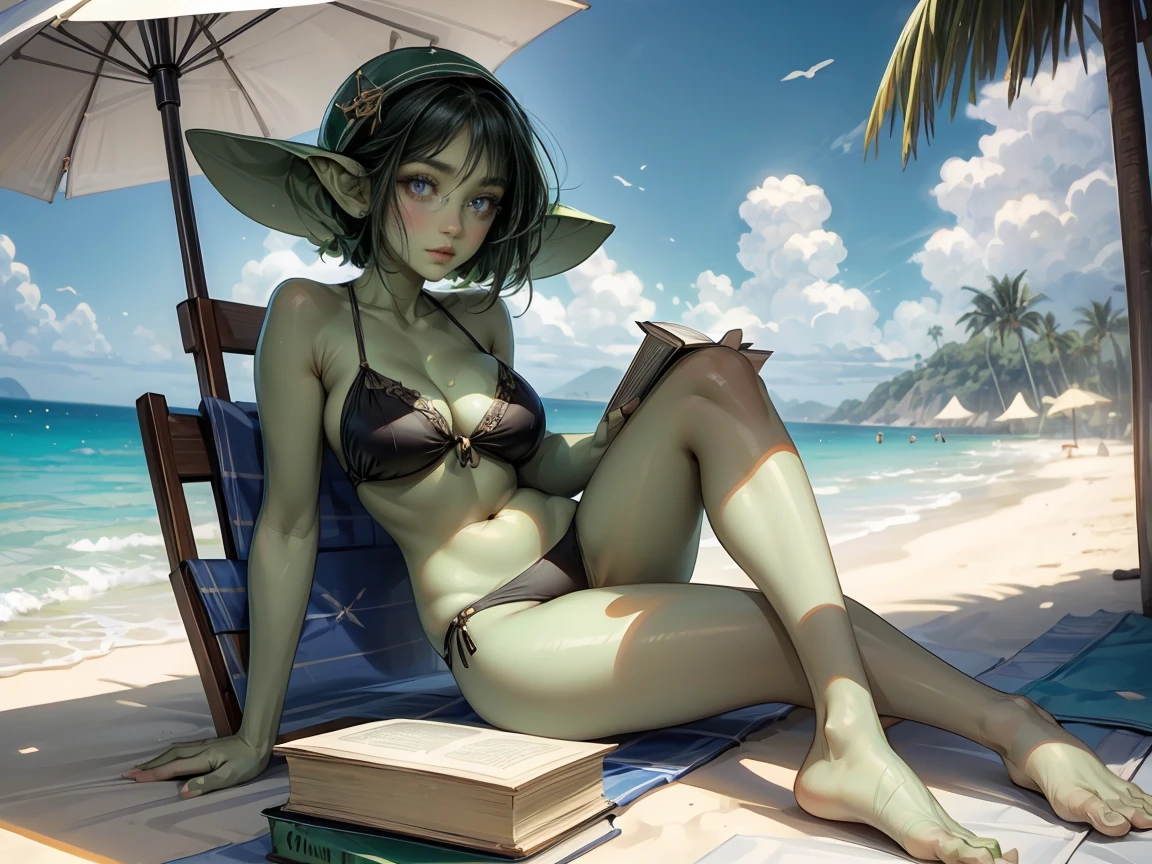 ((best quality)), ((masterpiece)), (detailed), perfect face, ((green skin)), pointy ears, very shy, tiny , wearing sunglasses, short dark hair, on the beach, sitting in a beach chair under a large umbrella, wearing large beach hat, in the shade of an umbrella, wearing a modest bathing suit, full body, reading a book
