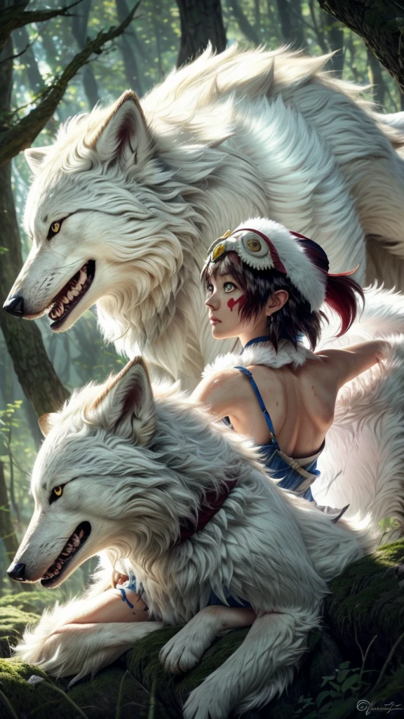 official art, unity 8k wallpaper, Super detailed, beautiful, beautiful, masterpiece, highest quality, Painting of a woman riding a white wolf in the forest, studio ghibly style mononoke, riding a giant silver wolf, artwork in the style of Gweiz, princess mononoke inspired, Gweiz, Gweiz on artstation pixiv, Gweiz on pixiv artstation, mononoke, furry fantasy art