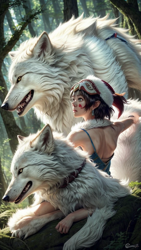 official art, unity 8k wallpaper, Super detailed, beautiful, beautiful, masterpiece, highest quality, Painting of a woman riding a white wolf in the forest, studio ghibly style mononoke, riding a giant silver wolf, artwork in the style of Gweiz, princess mononoke inspired, Gweiz, Gweiz on artstation pixiv, Gweiz on pixiv artstation, mononoke, furry fantasy art