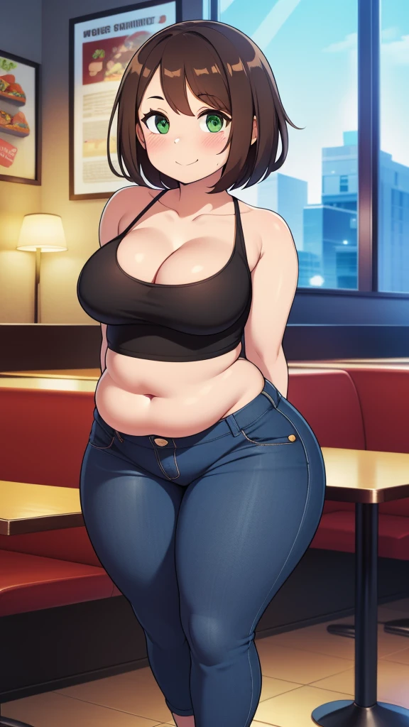 ((highres)), Masterpiece, high quality, best quality, beautiful, perfect lighting, detailed face, ultra cute face, looking at viewer, on a date, ((blush)), affectionate smile, ((1girl)), ((solo)), brown hair, fluffy hair, green eyes, jeans, crop top, tight clothes, fast food restaurant, medium breasts, cleavage, wide hips, ((thick thighs)), ((chubby)), chubby belly, standing, arms behind back, leaned over, cute pose,