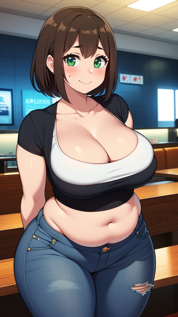 ((highres)), Masterpiece, high quality, best quality, beautiful, perfect lighting, detailed face, ultra cute face, looking at viewer, on a date, ((blush)), affectionate smile, ((1girl)), ((solo)), brown hair, fluffy hair, green eyes, jeans, crop top, tight clothes, fast food restaurant, medium breasts, cleavage, wide hips, ((thick thighs)), ((chubby)), chubby belly, standing, arms behind back, leaned over, cute pose,