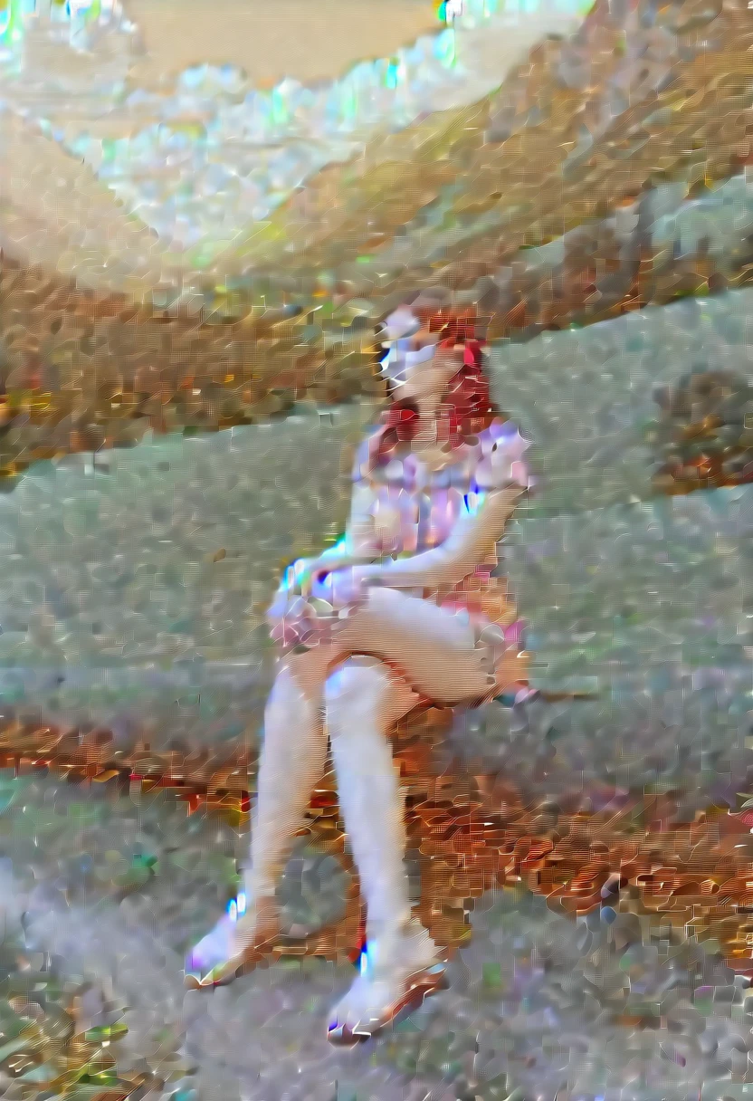 Woman sitting in a landscape showing her toenails and hands