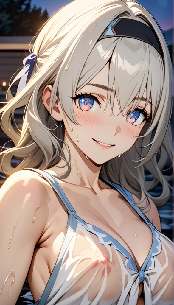 beautiful girl, long grey hair, beautiful face,smiling,close up to hips, beautiful breast, in the middle of hot springs, (open mouth:0.4),illustration,detailed textures(realists),ultra-detailed,portrait style,vivid colors,soft lighting, blushing, mature, hair fluttering, evening light , head band, half body, looking at viewer, cleavages, wearing beautiful night sleepwear, no bra, perky, sweaty, wet clothes