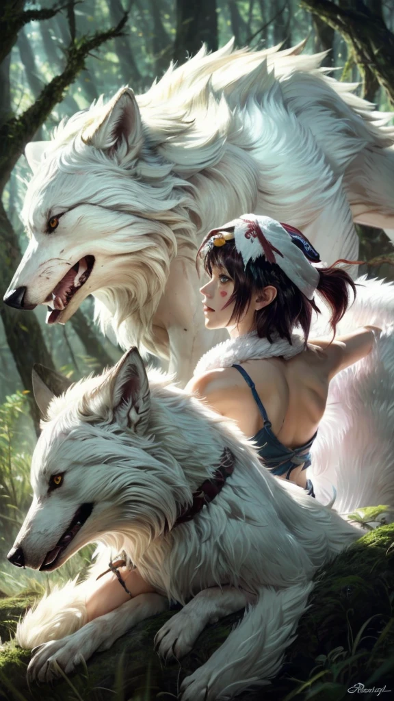 official art, unity 8k wallpaper, Super detailed, beautiful, beautiful, masterpiece, highest quality, Painting of a woman riding a white wolf in the forest, studio ghibly style mononoke, riding a giant silver wolf, artwork in the style of Gweiz, princess mononoke inspired, Gweiz, Gweiz on artstation pixiv, Gweiz on pixiv artstation, mononoke, furry fantasy art