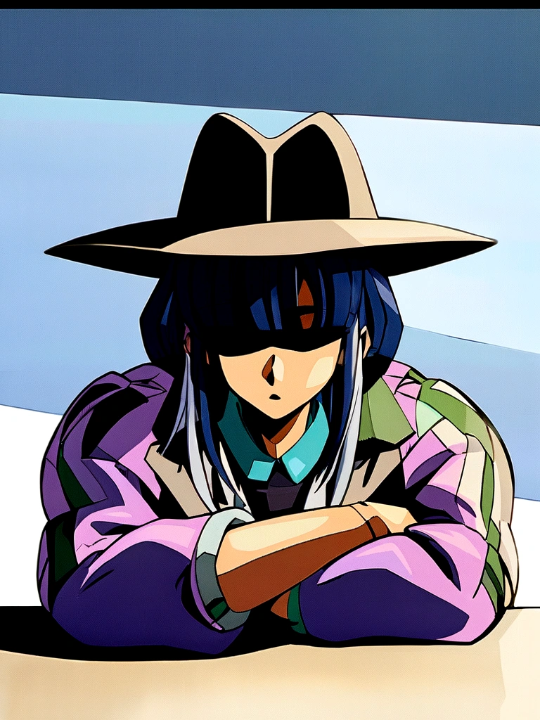 drawing of a woman in a hat and jacket sitting at a table, inspired by Josetsu, inspired by Kamisaka Sekka, an anime drawing, cel shaded!!!, cel shaded anime, inspired by Un'ichi Hiratsuka, unknown artstyle, cell shaded!!!, by Kamisaka Sekka, with out shading, inspired by INO