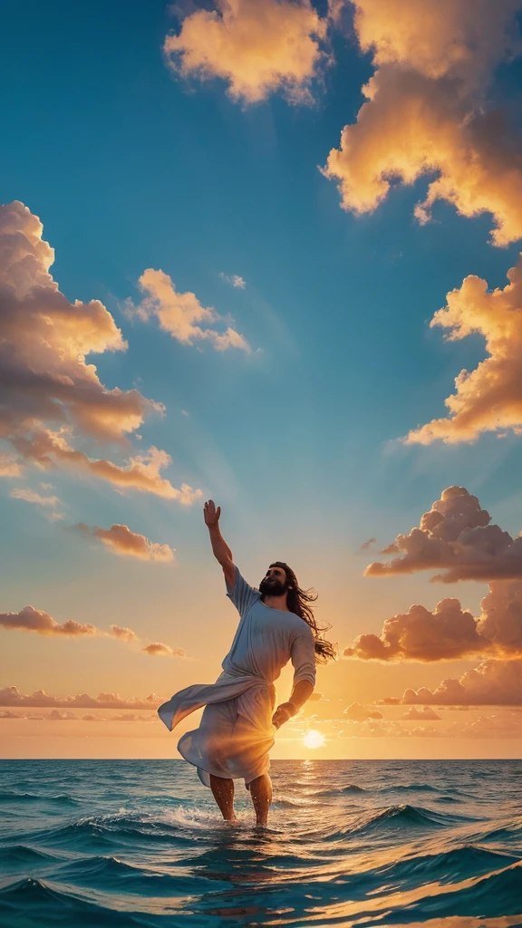 This image depicts a painting of Jesus Christ walking on water with his arms outstretched upwards worshiping heaven. The scene is peaceful, with clouds in the sky combining the colors sky blue and sunset orange and a sense of tranquility. The colors of the painting are mainly earth tones, with warm orange accents.Bird's-eye view:, Nikon D850 camera