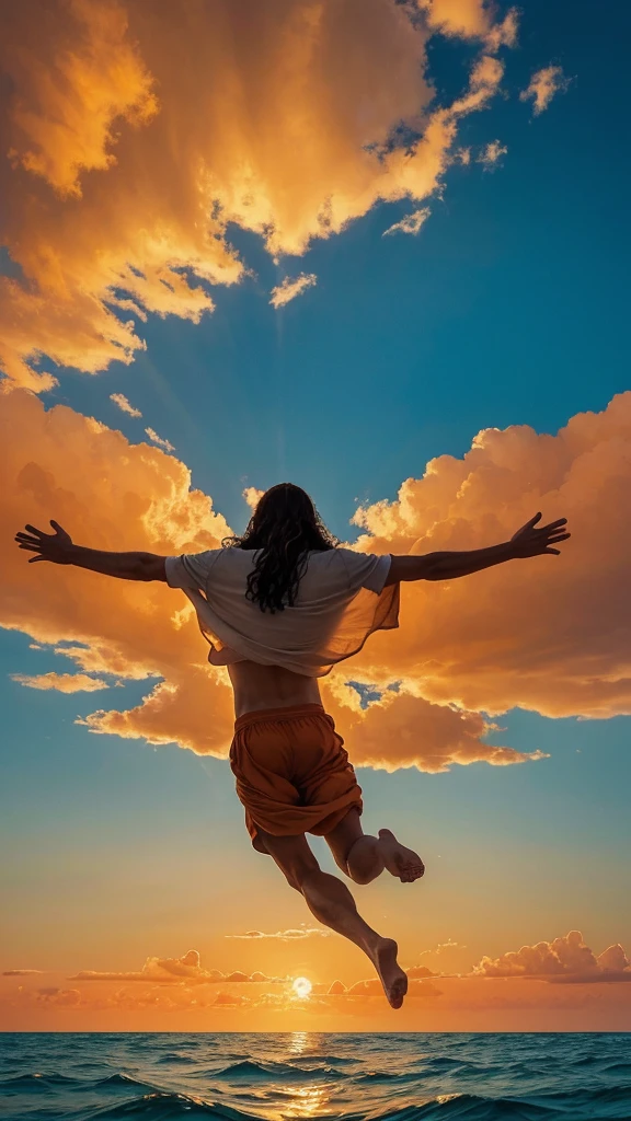 This image depicts a painting of Jesus Christ walking on water with his arms outstretched upwards worshiping heaven. The scene is peaceful, with clouds in the sky combining the colors sky blue and sunset orange and a sense of tranquility. The colors of the painting are mainly earth tones, with warm orange accents.Bird's-eye view:, Nikon D850 camera