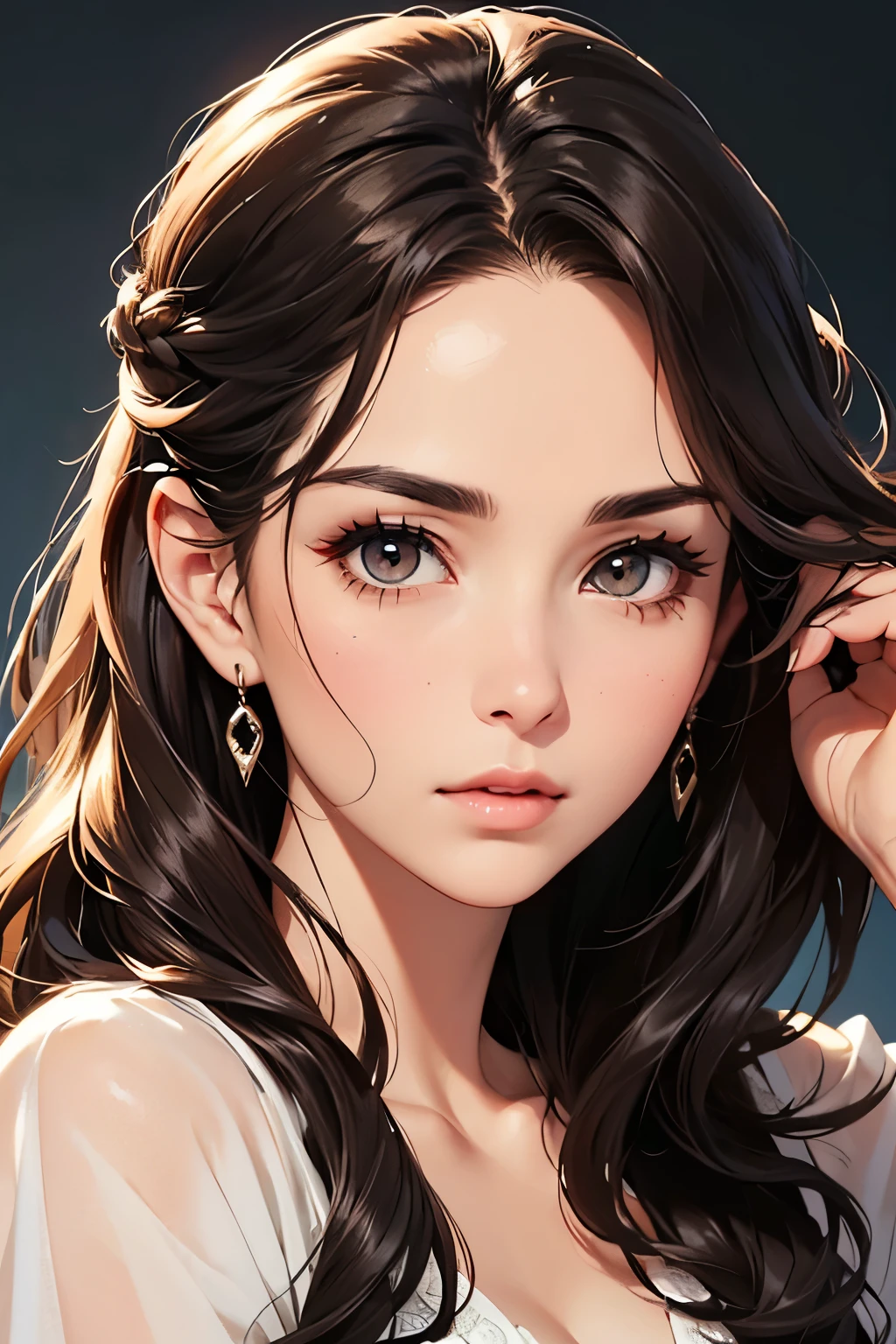 highest quality、High resolution、Detailed Background、(Beautiful face in every detail:1.4)、Anatomically correct、(Detailed facial expressions)、(fine grain:1.2)、Beautiful Madame in her 50s、(Highly detailed face:1.4)、While stroking my hair、Brown Hair、Long Hair、Wavy Hairstyle、well-groomed eyebrows,eye make up、Lip Makeup、relaxed, Adult atmosphere、Seaside
