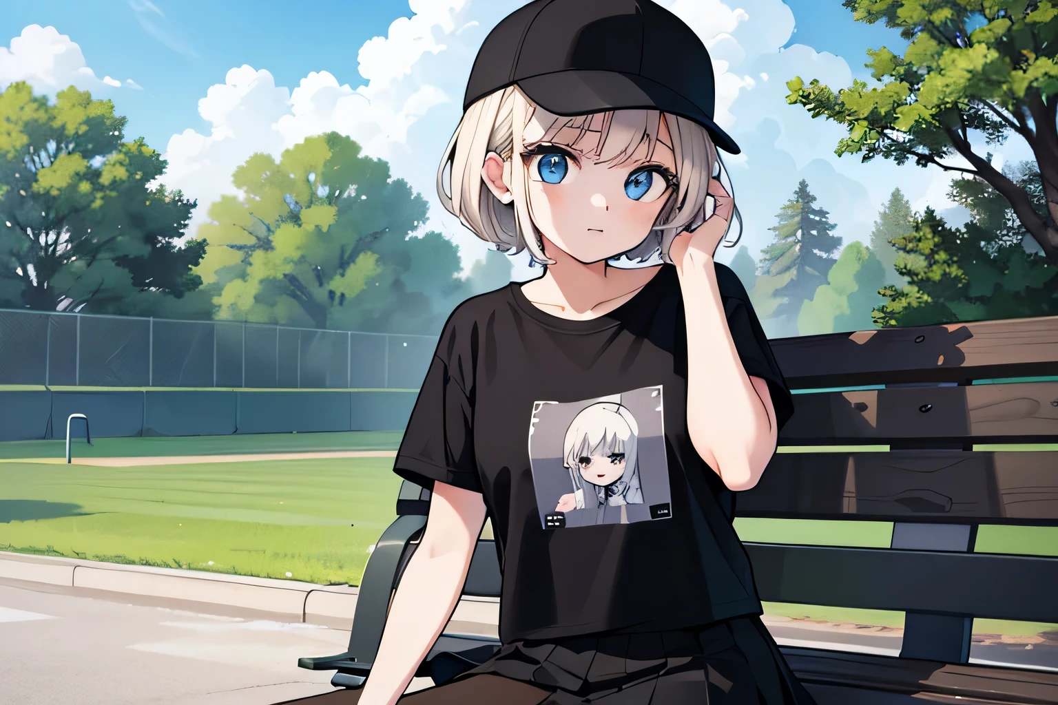 girl, solo, blue eyes, (detailed eyes), flat chest, short hair, black hair, baseball cap, white cap, ((black t-shirt)), black skirt, black socks, standing, upper body, ((masterpiece, illustration, best quality)) irl with platinum blonde hair sitting on a bench with her hand on her face looking to the sky