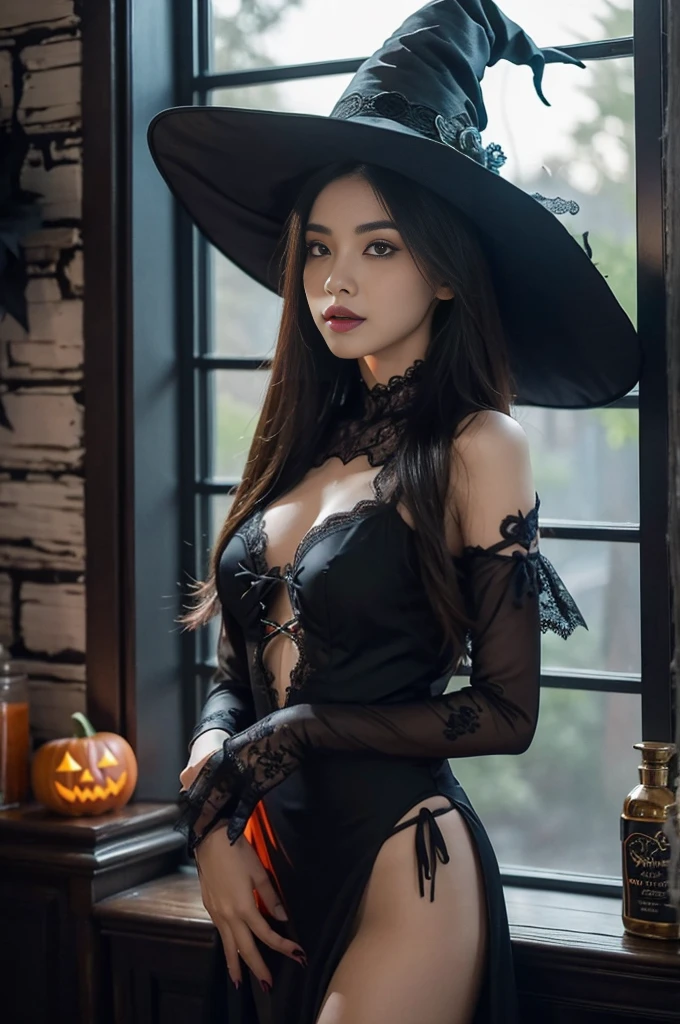 One Girl,(Sexy Lace Witch Costume:1.2),House with spooky Halloween decorations,Super detailed,Realistic:1.2,Sharp focus,Vibrant colors,Studio Lighting,Horror,Portraiture,Mysterious atmosphere,Luminous pumpkin,Creepy spider,Witch Hat,Scary masks,Haunted Furniture,Dark and eerie shadows,Moonlight shining through the window,Ghost Appearance,Witch's broom,Foggy atmosphere,Witch's Cauldron,Bats flying in the background,Walls covered with cobwebs,Magic Spellbook,Orange and black color scheme,The eyes of a mysterious girl piercing through the darkness,Mix 4, whole body, Big Breasts