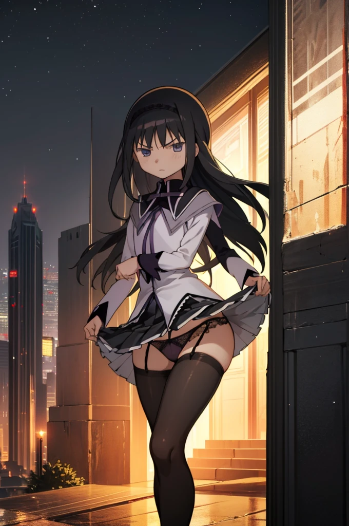 solo, 1girl, looking at viewer, , homura akemi, magical girl, closed mouth,black pantyhose,miniskirt,(((lift skirt,lace panties))),,,night,outdoor,(angry)