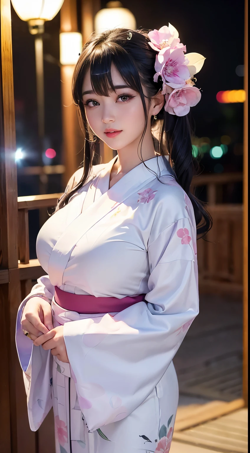 (logo、masterpiece、8K、Tabletop、RAW Photos、wonderful、最high quality、フォトリアリスティックでVery detailedな CG 複合 8K 壁紙、high quality、Very detailed、Narrative poem、Particle Effects、Dynamic Effects、Depth of the Boundary、Cinematic Light、Lens flare、Ray Tracing)、 (One beautiful woman wearing a yukata、White yukata、Light purple pattern)、Black-haired、High definition skin、Very fine、Fine skin texture、Beautiful Face、True Face、Beautiful details in the eyes、Realistic eyes、Beautifully detailed eyes、Realistic Skin、Beautiful Skin、Surreal、Smiling Eyes、Hair and light eyes、vivid、Colorful lights and bokeh、plump lower lip、Pink Lips、Hair flutters in Wind、Hair bounces、wonderful景色、night、evening、Wind、moonlight、moonlight、light