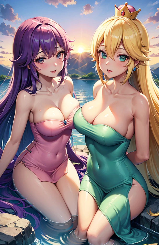 2 girls in the hentai style; (several girls), Princess Peach, Rosalina (is a character who made her debut in the game Super Mario Galaxy. Appears for the first time in Galaxy Portal), Highly detailed, best quality, illustration, perfect anatomy, Beautiful girls with cuteness and sensual faces , beautiful hair, detailed eyes, in Japanese hot springs with several stones in the water, and they are wrapped in half-wet towels, with lots of green vegetation, blue sky and mountains in the background with a very shiny and brilliant sunset.