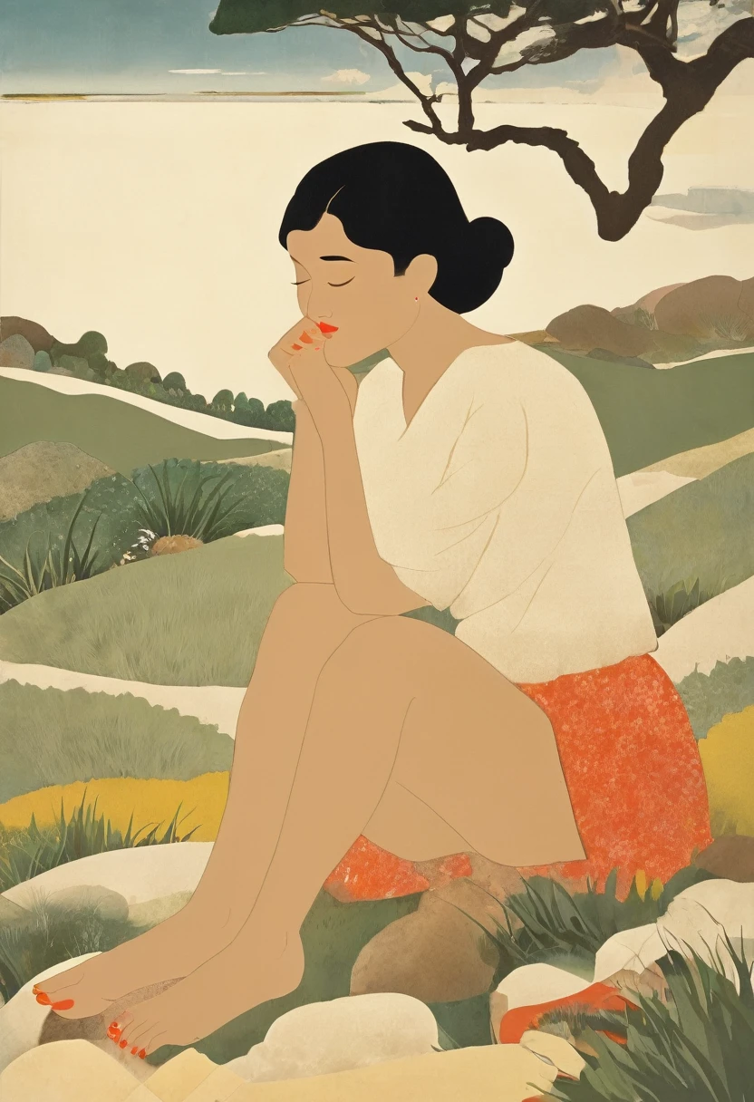 Woman sitting in a landscape showing her toenails and hands