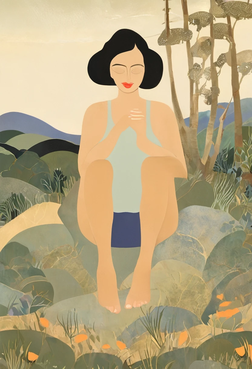 Woman sitting in a landscape showing her toenails and hands