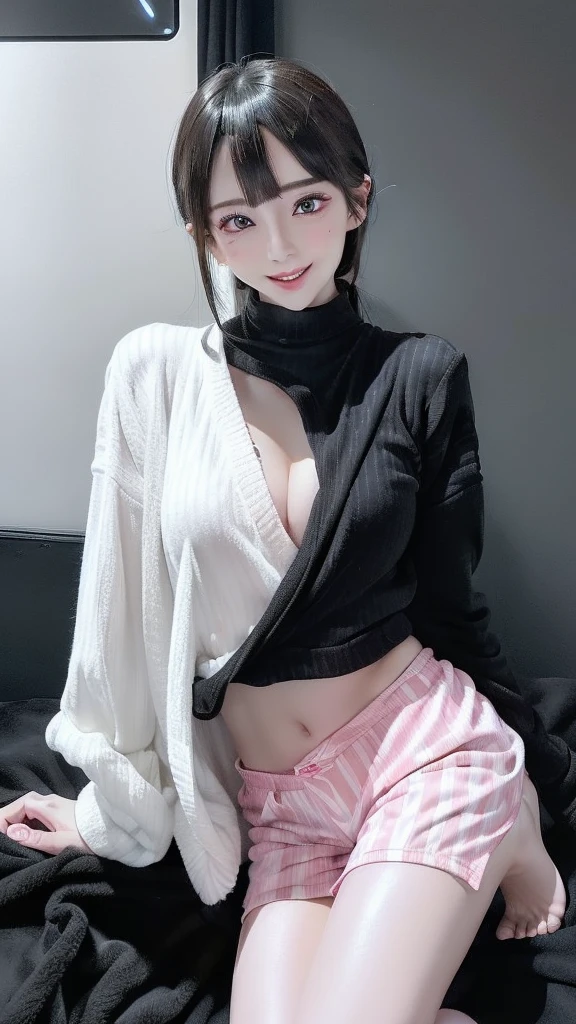 (Safety Sensor、SFW:1.8, Approved as safe、Can be viewed:1.8),masterpiece、masterpiece、Highest quality、Highest quality、Accurate the human body、Lighting to suit the mood、Accurate、Elaborate、masterpiece、Exquisite facial details、Detailed Background、Background Blur、detailed and beautiful background、Accurate 5-finger、Accurate human body、Perfect human body、
break、
Many ear piercings,Big cleavage、slim, (kind, Goddess-like eyes, happiness: 1.2), (Lip gloss, eyelash, Terrible face, Wide Lighting, Natural Shading), (Jirai Girl:1.5, jirai makeup:1.3, Sparkling glitter eye makeup:1.2), Ecstatic face、(Sensual ecstatic smile:1.5)、Long, straight black hair、Heavy bangs、
break、
((((All these pajamaade from super soft fleece material.:1.8, zetai ryoiki, All these pajamaade from super soft fleece material:1.8, Mini shorts:1.3, Dark white & Pink horizontal stripes)))),
break、
sexy sitting on the bed、(Big Breasts),Dark bedroom:1.8、Love hotels in Japan:1.8、Bold Pose、sexy、Sensually、(Dim lighting:1.8, Dark Room:1.8)