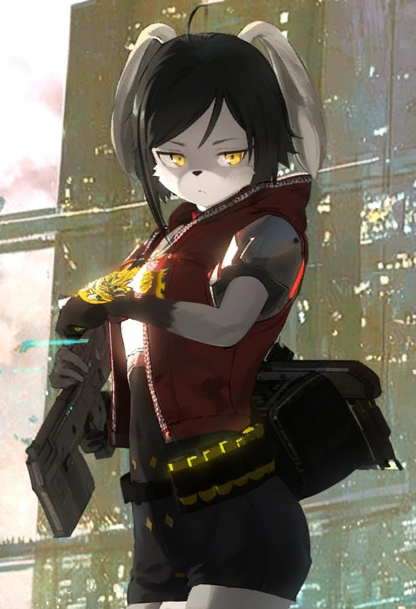 A portrait of a young adult female, furry, fluffy cheeks, animal nose, light and dark grey body fur, chin-length jet black hair, golden feline eyes, metallic chest armor under a red cropped hoodie, black bodysuit with short shorts, looking off in the distance, long floppy ears, sunset in a futuristic city, serious expression, wielding submachine gun, holographic interface