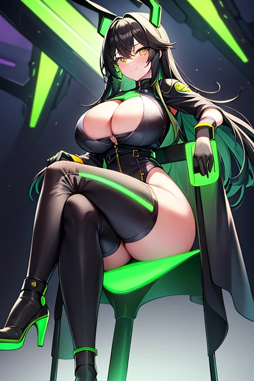 1girl, large breasts, thick thighs, yellow eyes, wide hips, (black hair), colored inner hair, (colored inner hair), green hair, smile, long hair, black bodysuit, bodysuit, bare legs, shoes, green trim, science-fiction, futuristic, neon, tech, neon lights, neon trim, machinery, sitting, crossed legs, (ass), ass, cleavage cutout, cleavage