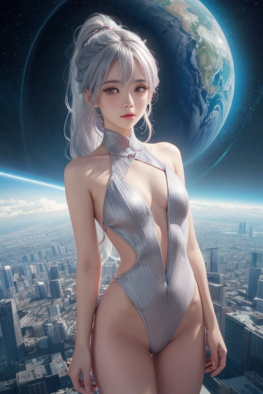 longeyelashes, small Eyes,Ponytail, pink Silver hair, gray colored contact lenses, surrealism, anaglyph, stereograms, POV, Atmospheric perspective, 16K, Super Detail, ccurate, Best Quality,The shoulders have exposed skin,Very thin,Very small bust, Very thin waist,Other Dimensional Planet,A strong-willed beautiful girl,Semi-nude,