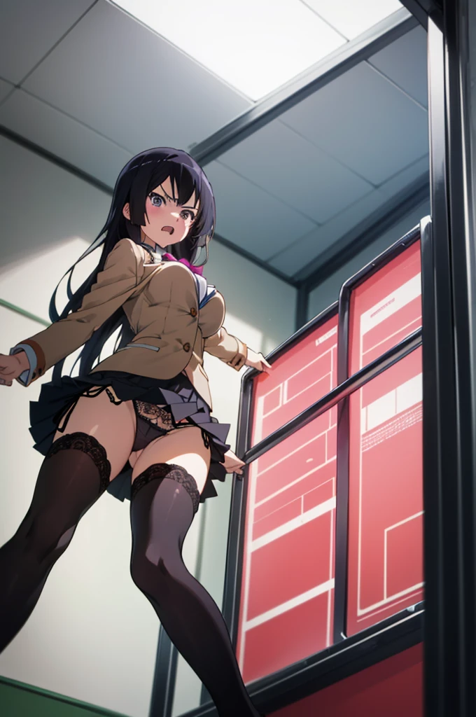 solo, 1girl, looking at viewer,, reina kousaka, classroom,miniskirt,blazer,black thighhighs,standing,from below, looking at viewer, (angry),(((lift skirt,lace panties))),,big breasts