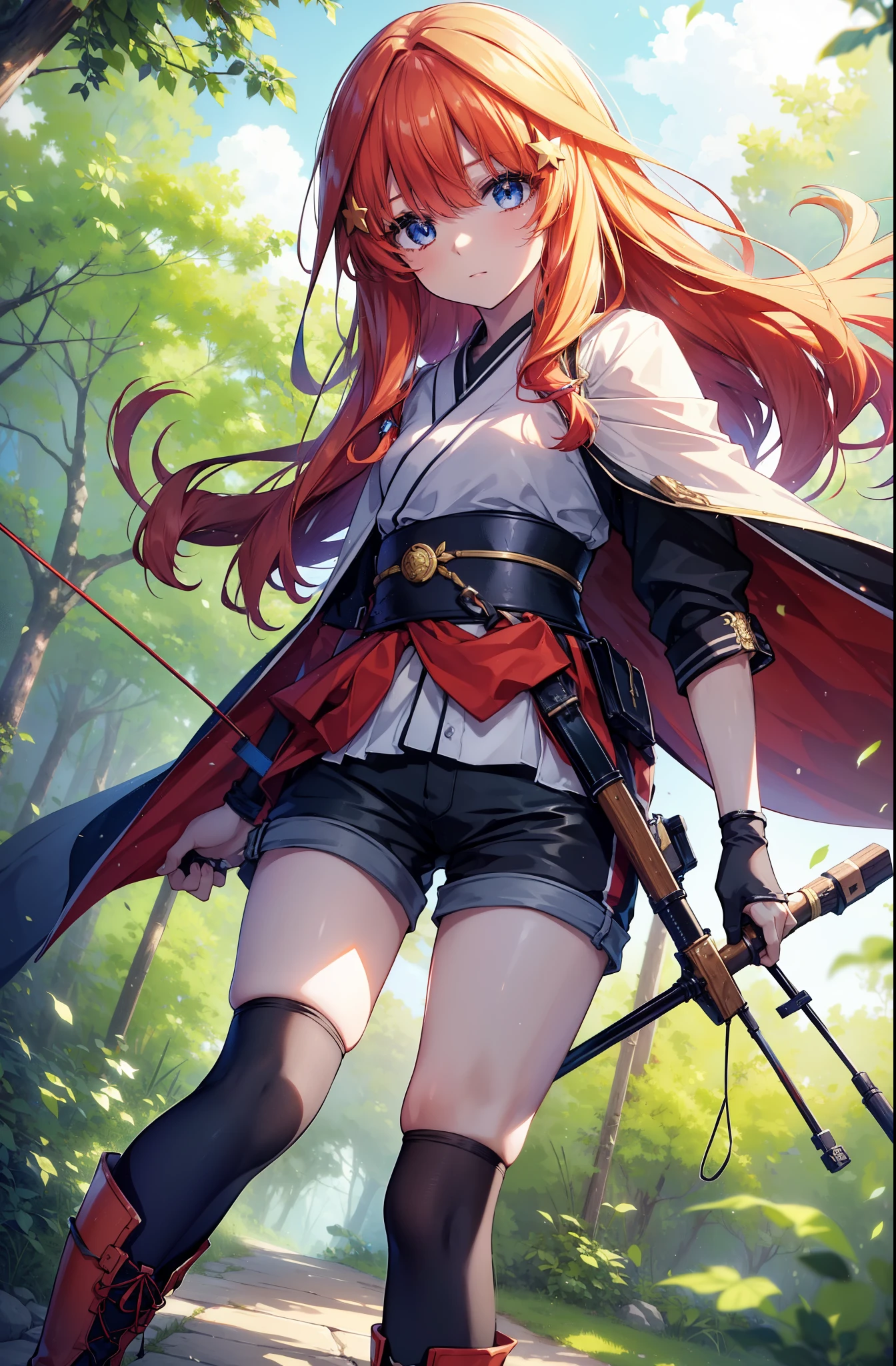 itsukinakano, itsuki nakano, bangs, blue eyes, Hair between the eyes, Redhead, star \(symbol\), hair ornaments, star hair ornaments,Long Hair,Carrying an archery bag,He has a quiver on one side, boots, Cape,gloves, red Knee socks, High heels, Shorts, Knee socks,whole bodyがイラストの中に入っていくように,歩いている
break outdoors, forest,forest林, break looking at viewer,whole body, 
break (masterpiece:1.2), Highest quality, High resolution, unity 8k wallpaper, (shape:0.8), (Fine and beautiful eyes:1.6), Highly detailed face, Perfect lighting, Highly detailed CG, (Perfect hands, Perfect Anatomy),