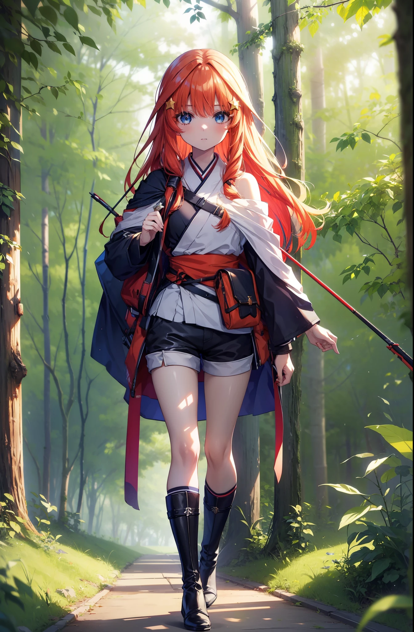 itsukinakano, itsuki nakano, bangs, blue eyes, Hair between the eyes, Redhead, star \(symbol\), hair ornaments, star hair ornaments,Long Hair,Carrying an archery bag,He has a quiver on one side, boots, Cape,gloves, red Knee socks, High heels, Shorts, Knee socks,whole bodyがイラストの中に入っていくように,歩いている
break outdoors, forest,forest林, break looking at viewer,whole body, 
break (masterpiece:1.2), Highest quality, High resolution, unity 8k wallpaper, (shape:0.8), (Fine and beautiful eyes:1.6), Highly detailed face, Perfect lighting, Highly detailed CG, (Perfect hands, Perfect Anatomy),