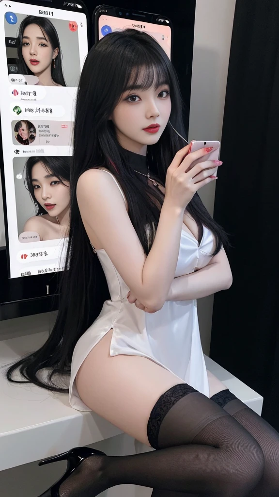 (high quality), (SFW), (vertical split screen:1.6), (Various scans:1.5), (A middle-aged Korean man enjoying a smartphone chat app with a young, gorgeous Korean prostitute.. : 1.6), (A man is looking at his smartphone and enjoying chatting with a woman from a distance.:1.4), (The prostitute has her colorfully dyed hair pulled to one side and pretty face makeup... : 1.4), (She is a prostitute wearing a feminine dress, Stockings and sticky high heels that seduce men.:1.3), her instagram feed, her daily life, her account, Her smartphone screen shows her followers and numerous perverted Korean men chatting with her.., Chat language is English., The man is waiting for her answer, Each pop-up window is displayed..., chat history, Online Profiles and Photos, And the man asks her to chat on the smartphone screen.... He and she take turns messaging on a chat app..., her time is night,