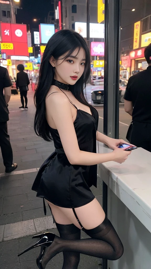  (high quality), (SFW), (vertical split screen:1.6), (Various scans:1.5),  (A middle-aged Korean man enjoying a smartphone chat app with a young, gorgeous Korean prostitute.. : 1.6), (A man is looking at his smartphone and enjoying chatting with a woman from a distance.:1.4), (The prostitute has her colorfully dyed hair pulled to one side and pretty face makeup... : 1.4), (She is a prostitute wearing a feminine dress, Stockings and sticky high heels that seduce men.:1.3), her instagram feed, her daily life, her account, Her smartphone screen shows her followers and numerous perverted Korean men chatting with her.., Chat language is English., The man is waiting for her answer, Each pop-up window is displayed..., chat history, Online Profiles and Photos, And the man asks her to chat on the smartphone screen.... He and she take turns messaging on a chat app..., her time is night,