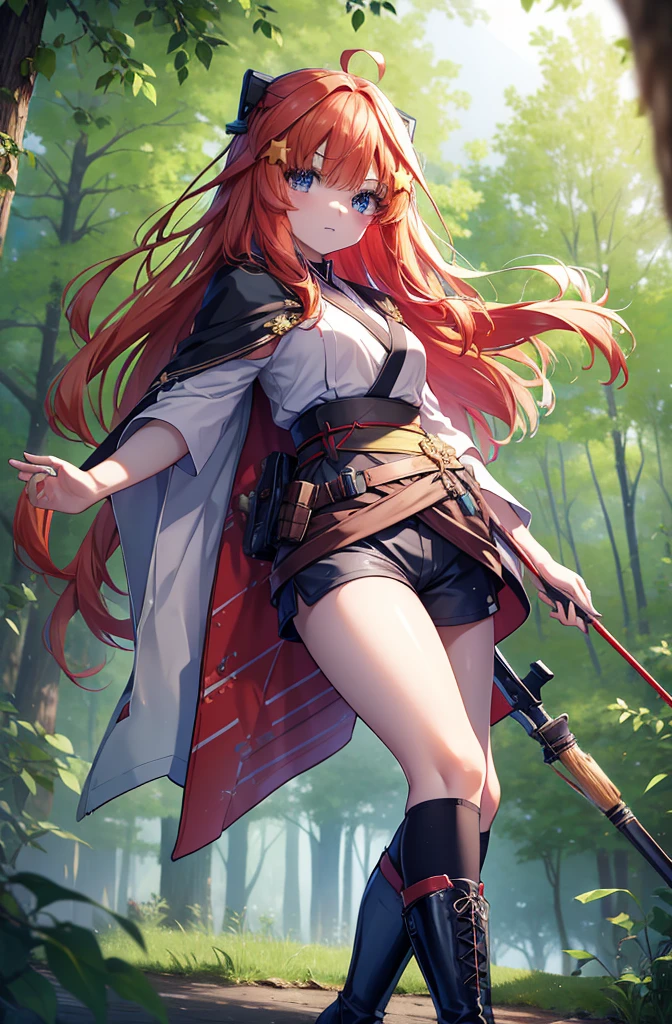 itsukinakano, itsuki nakano, bangs, blue eyes, Hair between the eyes, Redhead, star \(symbol\), hair ornaments, star hair ornaments,Long Hair,Carrying an archery bag,He has a quiver on one side, boots, Cape,gloves, red Knee socks, High heels, Shorts, Knee socks,whole bodyがイラストの中に入っていくように,歩いている
break outdoors, forest,forest林, break looking at viewer,whole body, 
break (masterpiece:1.2), Highest quality, High resolution, unity 8k wallpaper, (shape:0.8), (Fine and beautiful eyes:1.6), Highly detailed face, Perfect lighting, Highly detailed CG, (Perfect hands, Perfect Anatomy),