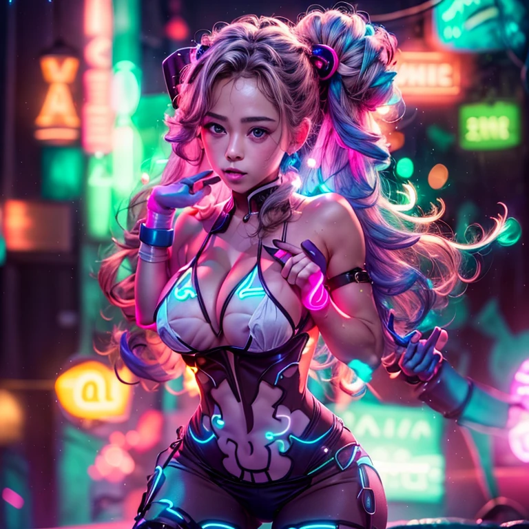 ExtremelyDetailed (Stunning GravureIdol) with Biomechanical HUGE and HEAVY boob, (masterpiece TopQuality RawPhoto Realistic) PerfectLighting (UltraDetailed CommercialPhoto),Detailed Stunning face, (Strapless NEON-bra)(Underboob Sideboob1.2)(Neon-Thongs) NEON-gloves, (PUNIPUNI) Flawless Radiant (PearlSkin) with Transparency, (glowing body:1.4) in dark, ((Studio Dark Background with (Overflowing Dazzling Neon Color Particles:1.36)))(((BokeH))), {(Grabbing Boobs)|(Arms Behind)|Dynamic-pose|((Assfocus)Roundly TinyButts)|(Overflowing Gigantic Cleavage:1.37)}, Braid hair with bun, {(hidden hand:1.4)|(no extra hand:1.4)} .