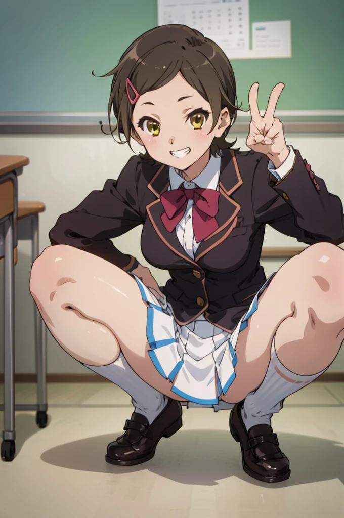 solo, 1girl, ,  hazuki katou,.,looking viewer ,grin,medium breasts,classroom,blazer,miniskirt,socks,squatting,open legs,spread legs,,peace pose