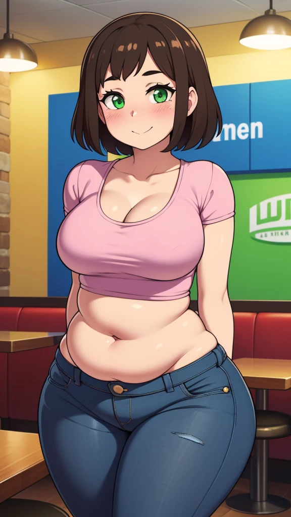 ((highres)), Masterpiece, high quality, best quality, beautiful, perfect lighting, detailed face, ultra cute face, looking at viewer, on a date, ((blush)), affectionate smile, ((1girl)), ((solo)), brown hair, fluffy hair, green eyes, jeans, crop top, tight clothes, fast food restaurant, medium breasts, cleavage, wide hips, ((thick thighs)), ((chubby)), chubby belly, standing, arms behind back, leaned over, cute pose,