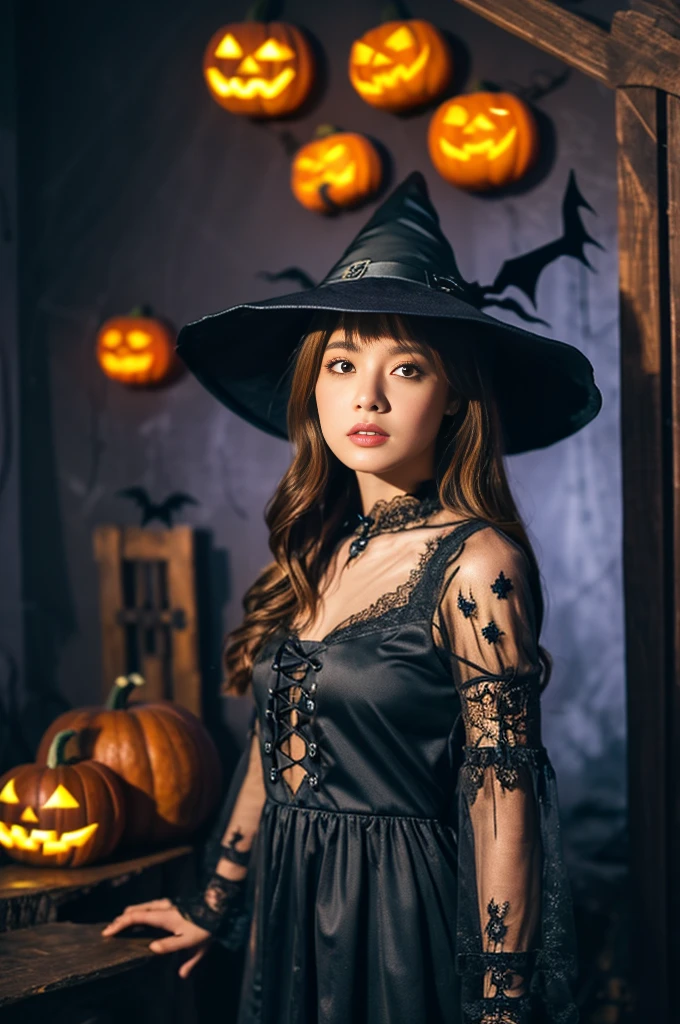 One Girl,(Sexy Lace Witch Costume:1.2),House with spooky Halloween decorations,Super detailed,Realistic:1.2,Sharp focus,Vibrant colors,Studio Lighting,Horror,Portraiture,Mysterious atmosphere,Luminous pumpkin,Creepy spider,Witch Hat,Scary masks,Haunted Furniture,Dark and eerie shadows,Moonlight shining through the window,Ghost Appearance,Witch's broom,Foggy atmosphere,Witch's Cauldron,Bats flying in the background,Walls covered with cobwebs,Magic Spellbook,Orange and black color scheme,The eyes of a mysterious girl piercing through the darkness,Mix 4, whole body, Big Breasts